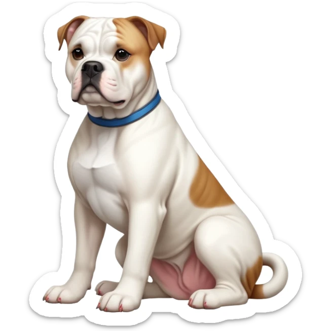 cinematic-[american bulldog]-realistic-full-body-sitting-emoji,-tail-resting-loosely-beside-its-paws,-head-tilted-dramatically,-sleek-[solid white]-fur,-simplified-yet-realistic-focused-features,-highly-detailed,-glowing-with-an-almost-sarcastic-glow sticker
