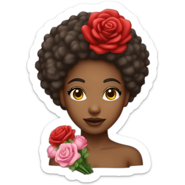 Femme métisse au cheveux afro tenant un Bouquet de rose rouge sticker