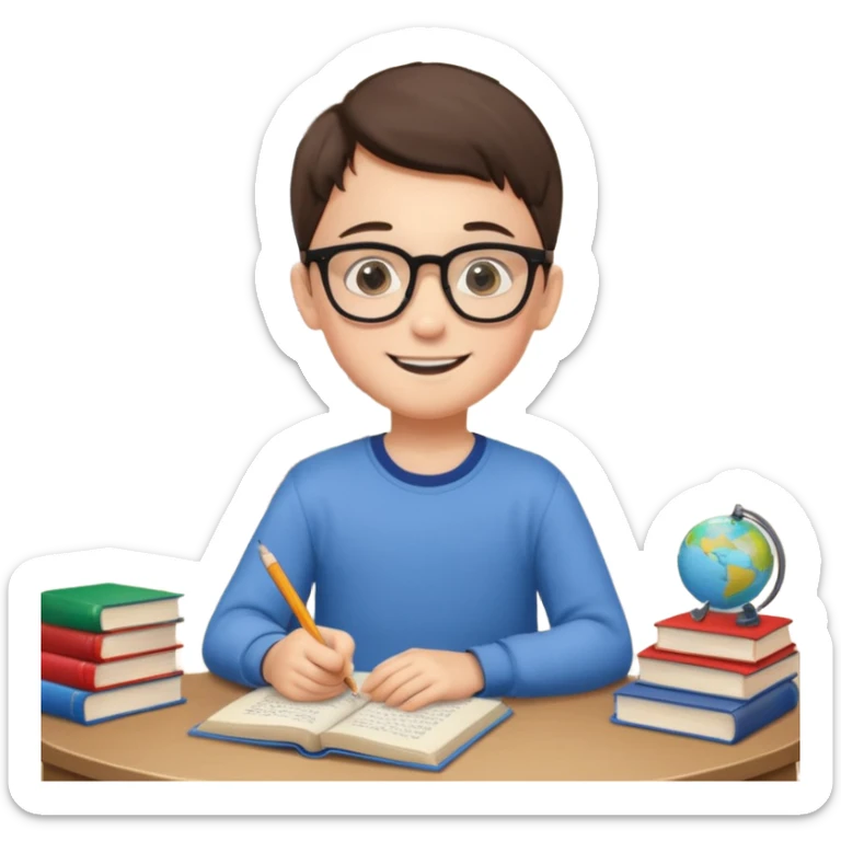 un niño de entre 3 - 10 años estudiando ingles, un destello de luz o colores más vivos para el niño que estudia en su habitacion feliz  sticker