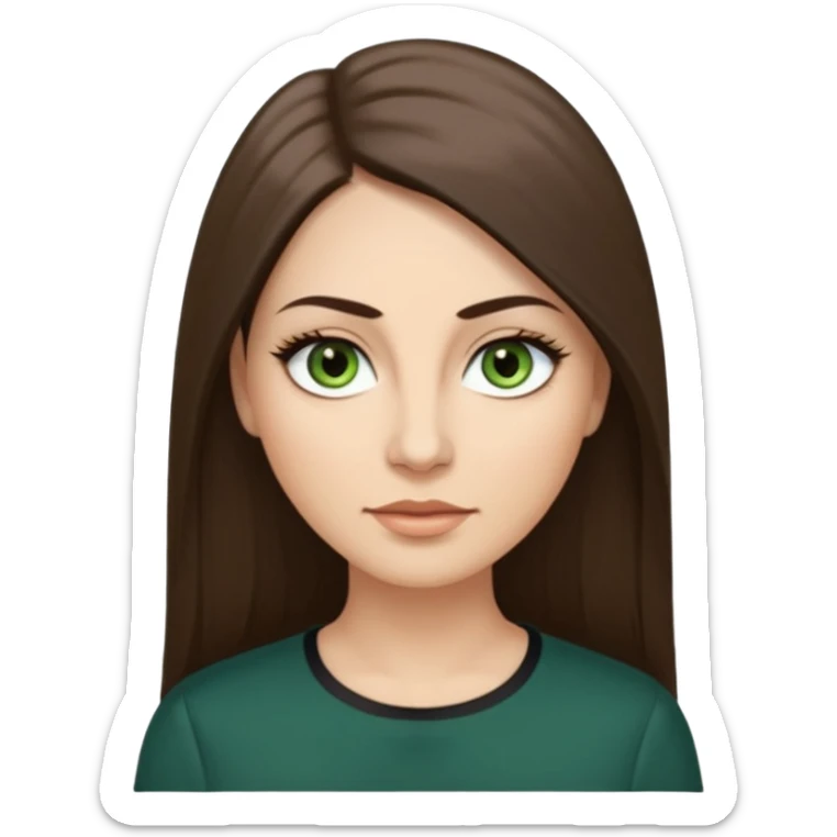 40 year old Adult woman avatar, light skin tone, long, oval face, long straight ashy brown hair, green almond-shaped eyes with dramatic eyelashes and minimal eyeliner, neutral mouth, medium straight eyebrows, small nose, smooth skin sticker