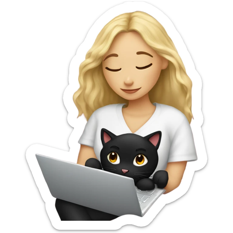 Blonde girl and black cat cozy under blanket with journal and laptop sticker