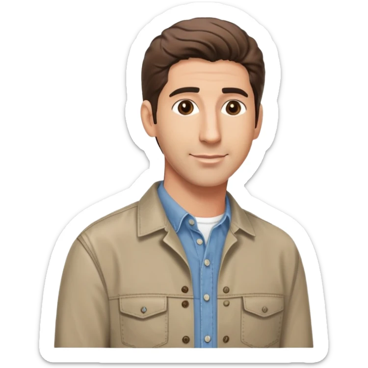 handsome Ross Geller from Friends TV show with well-styled brown hair and attractive features in casual clothes, button-up shirt and jeans sticker
