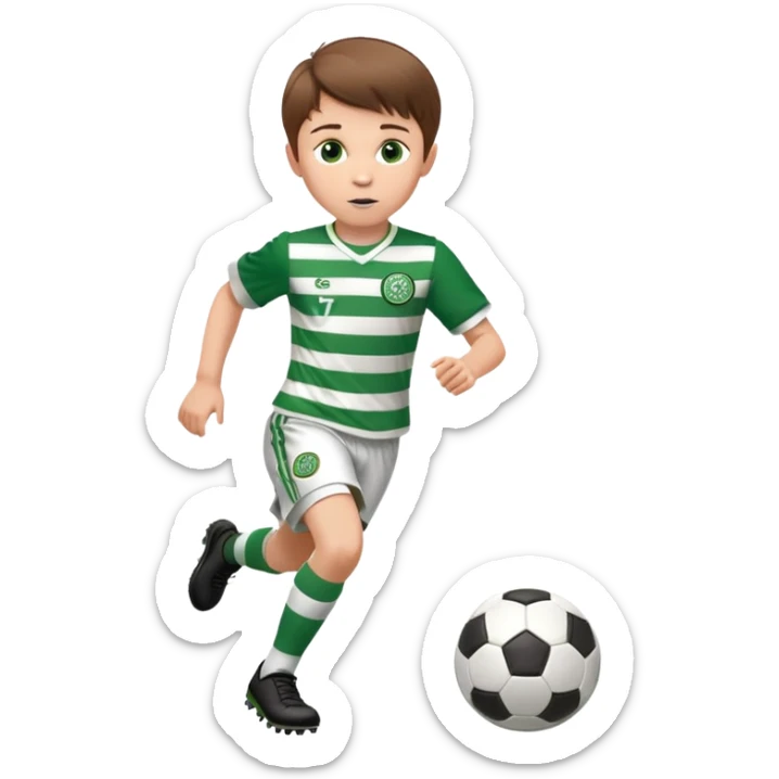 Celtic footballer jersey logo  6 years old brown hair white boy , brown eyes , stripes uniform , RUNNING  with soccer ball # 17 celtic football logo PUT ONLY ONE LOGO ONE CELTIC LOGO ONLY  sticker