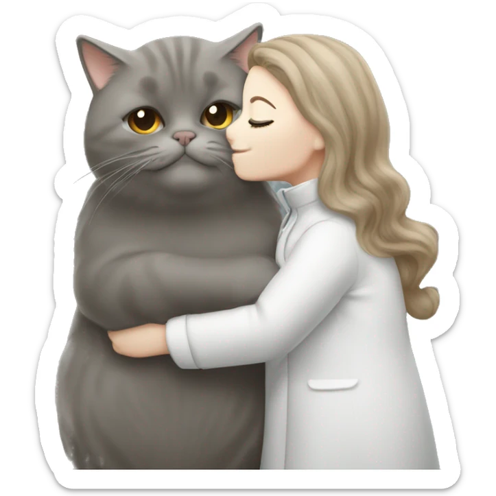 British shorthair grey cat kissing brown long hair white woman sticker