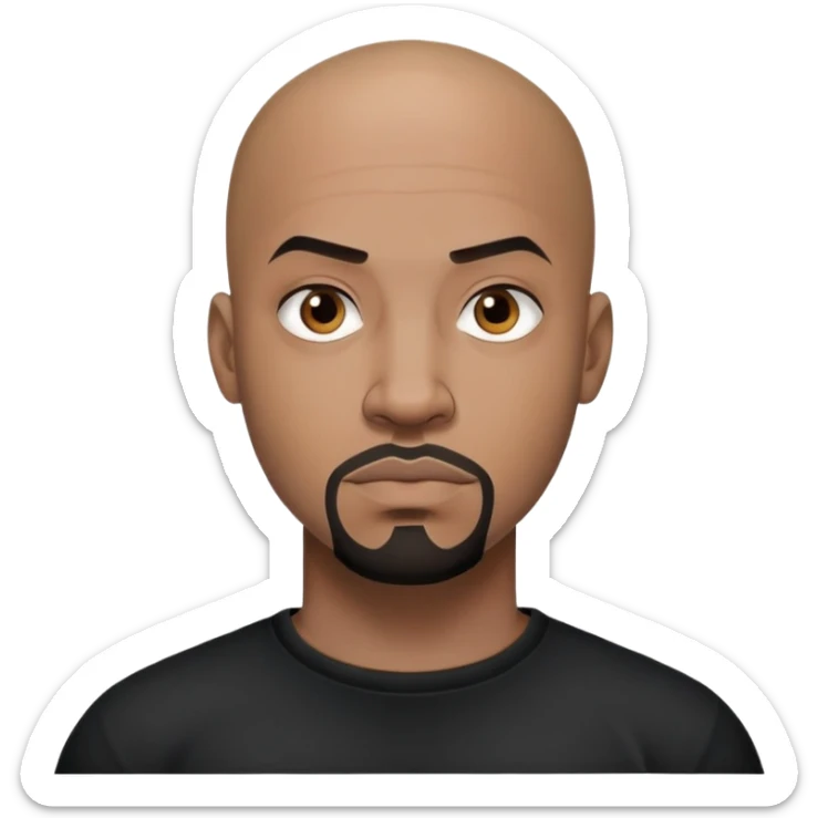 đàn ông 30 tuổi, da đen, đầu trọc, râu quai nón đen, có hình xăm trên mặt, áo đen, mặt nghiêm túc sticker