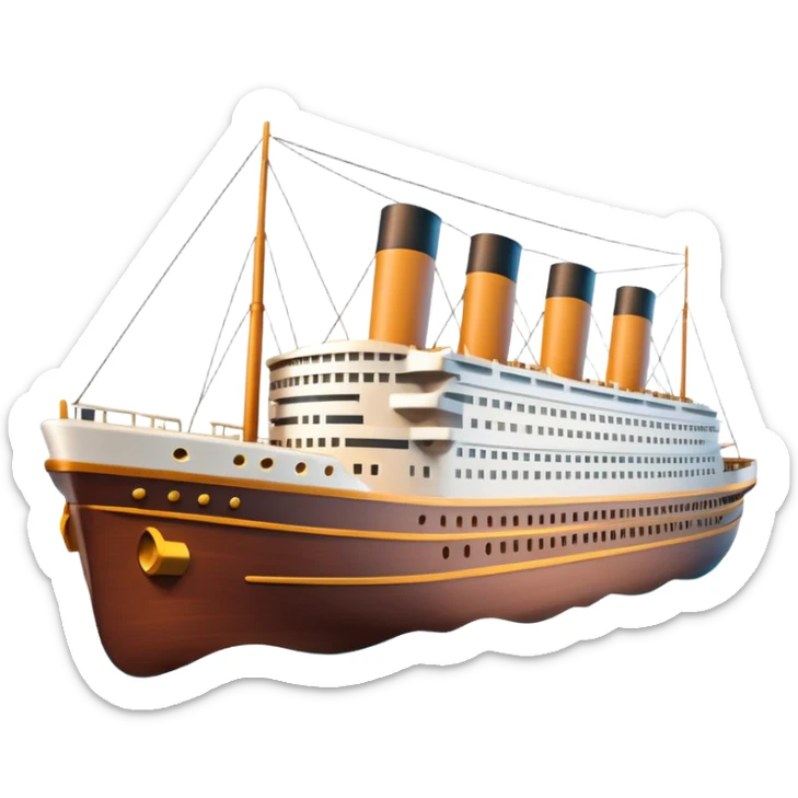 A 3D emoji of a Titanic ship in Apple style, glossy and smooth surface, bright clean colors with subtle shading, simple and minimal details, no face or expressions, floating on calm ocean, soft shadows, high-quality render, isolated on white background.


 sticker