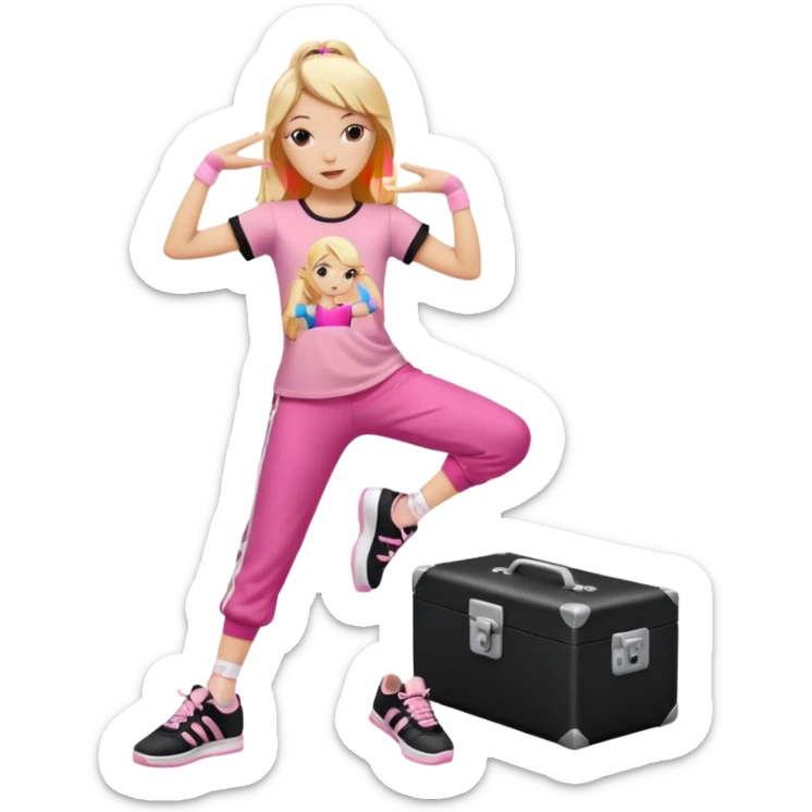 Hiphop dancer, with cute big pants, sneakers, and t-shirt. White girl blond. Coloufull shirt. No pocket pants. Dancing. Pink and black plain outfit. No sweatbands on the wrist, black music box behind her. Ballerina pose sticker