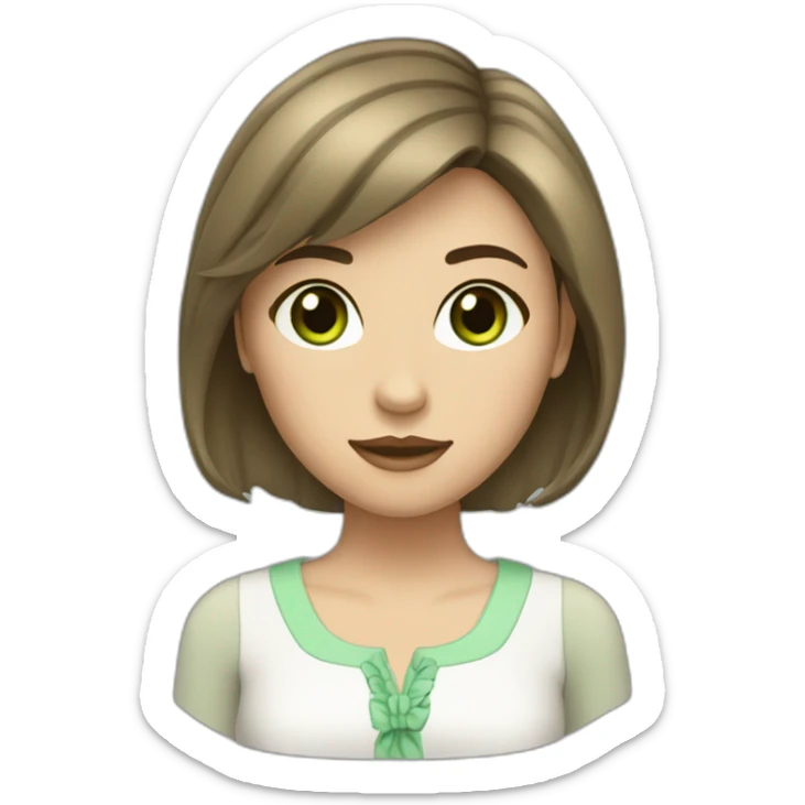 Female with brunette hair and slightly fringe and green eyes. Wearing formal cute outfit sticker