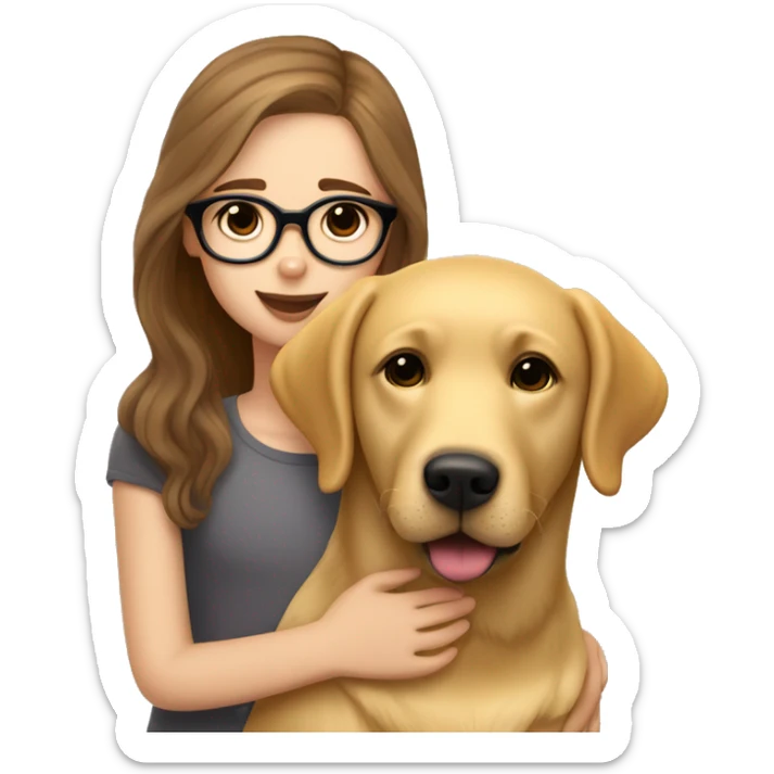 Golden Labrador retriever cuddles with a girl with brown  hair, glasses,  Lush eyelashes and a nose piercing sticker
