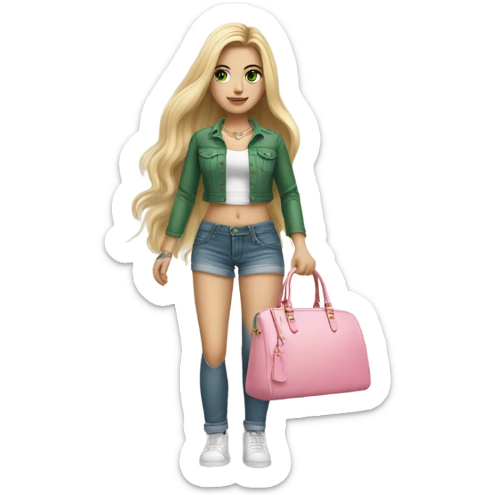 Realistic White girl with Long straight blonde hair, green eyes, tattoos, full body wearing white crop top and jeans, holding pink håndbagage sticker