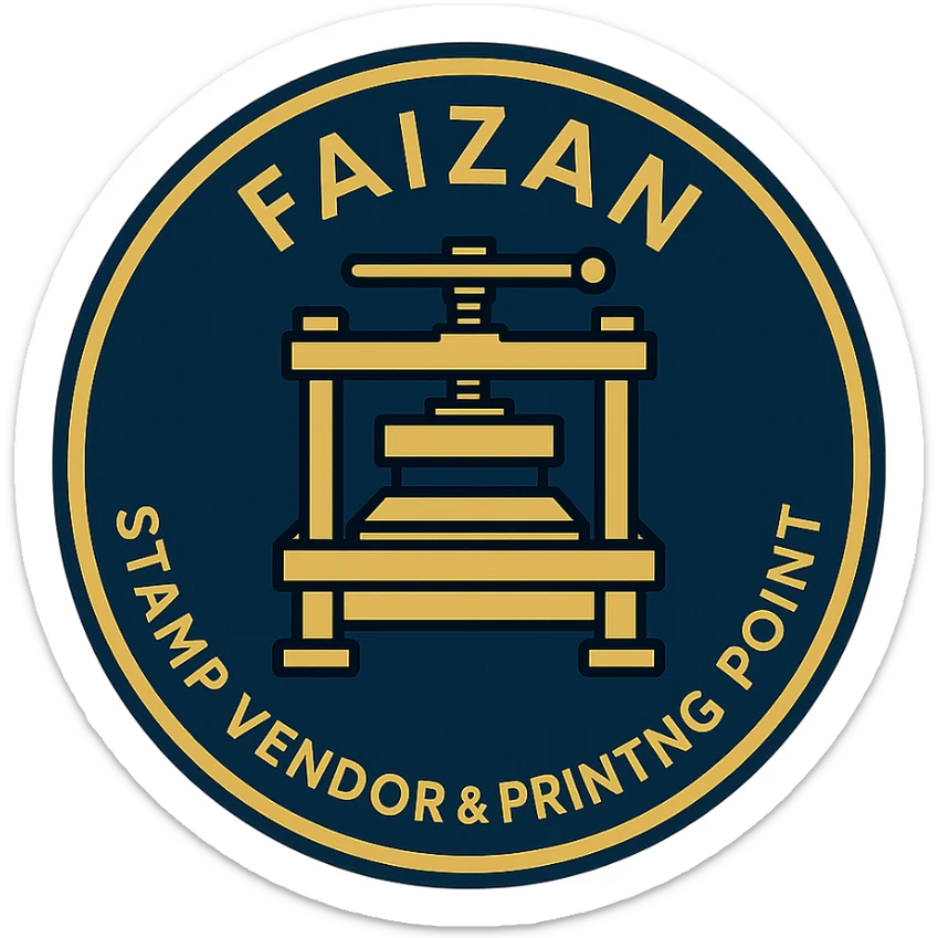 logo for 'Faizan Stamp Vendor & Printing Point', circular badge style, vintage printing press motif, gold and navy colors, elegant and established feel sticker