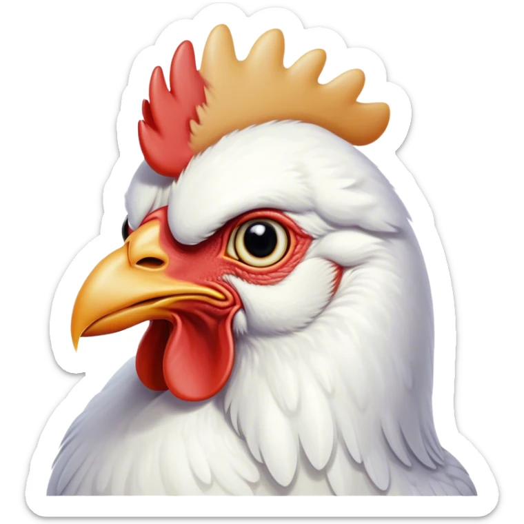 Cinematic Noble White Chicken Portrait Emoji, Poised and regal, with a compact, sturdy build and a pristine, well-groomed pure white plumage, deep-set soulful beady eyes, Simplified yet sharp and sophisticated features, highly detailed, glowing with a soft, dignified glow, high shine, intelligent and alert, stylized with an air of barnyard elegance, focused and attentive, soft glowing outline, capturing the essence of a watchful and confident fowl, so majestic it feels as though it could strut out of the screen with effortless authority! sticker