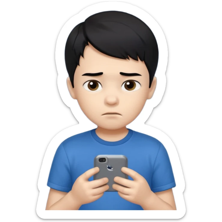 un niño de entre 3 - 10 años jugando con su celular, cansado en una habitacion apagada, el niño tiene piel blanca y cabello negro (hombre)

 sticker
