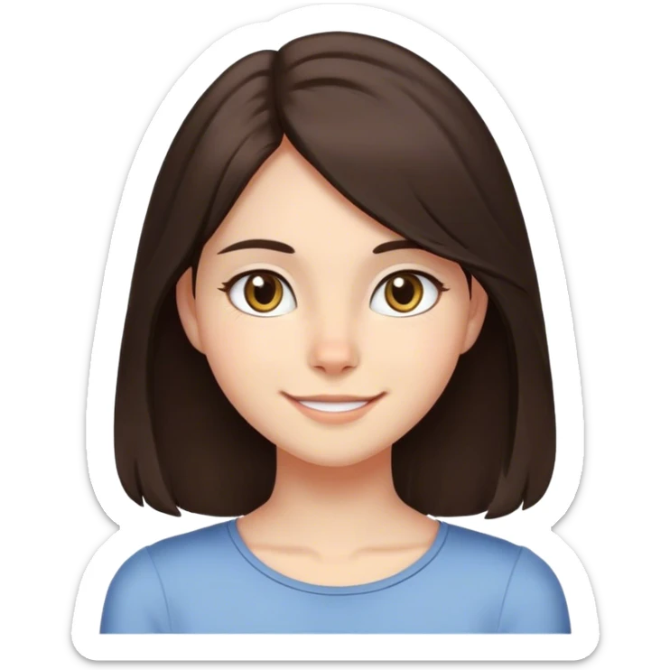 Tall, dark brown haired girl, shoulder length hair, 18 years old, not so fair skin, cat like eye, sweet smile sticker