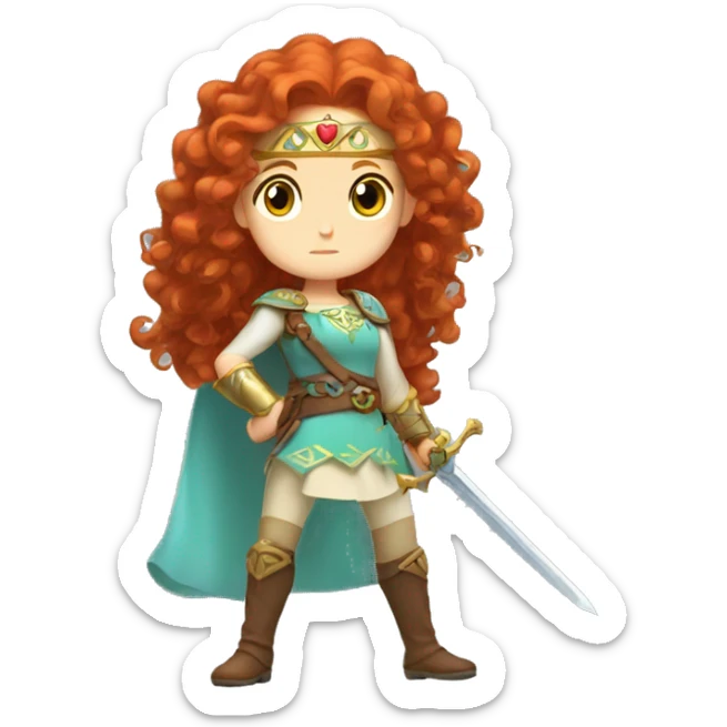 a white girl with long red curly hair and freckles, cosplaying Princess Zelda posing and ready for a fight sticker