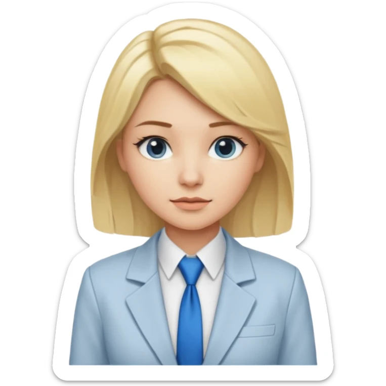 une femme blonde jolie avec des jolies traits avec une chemise blanche et une veste a manche longues et cravate bleu sticker