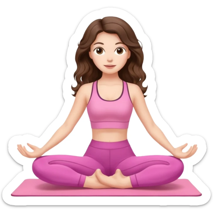 White, brown -eyed, brunette cute feminine lady emoji with wavy long hair doing pilates wearing pink pilates fit sticker