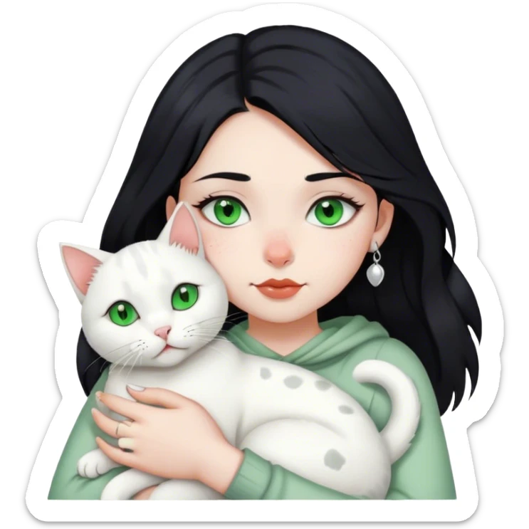 girl with black hair, green eyes, nose piercing, lip piercing hugs white cat with gray spots on head sticker