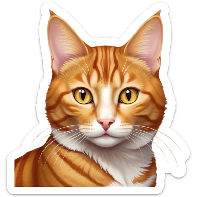 Cinematic Noble Ginger Tabby Cat Portrait Emoji, Poised and regal, with sleek orange-brown fur featuring bold tabby stripes and a distinct M-shaped marking on the forehead, bright amber eyes, Simplified yet sharp and sophisticated features, highly detailed, glowing with a soft, dignified glow, high shine, intelligent and graceful, stylized with an air of elegance, focused and attentive, soft glowing outline, capturing the essence of a watchful and refined feline, so majestic it feels as though it could glide across the screen with effortless confidence! sticker