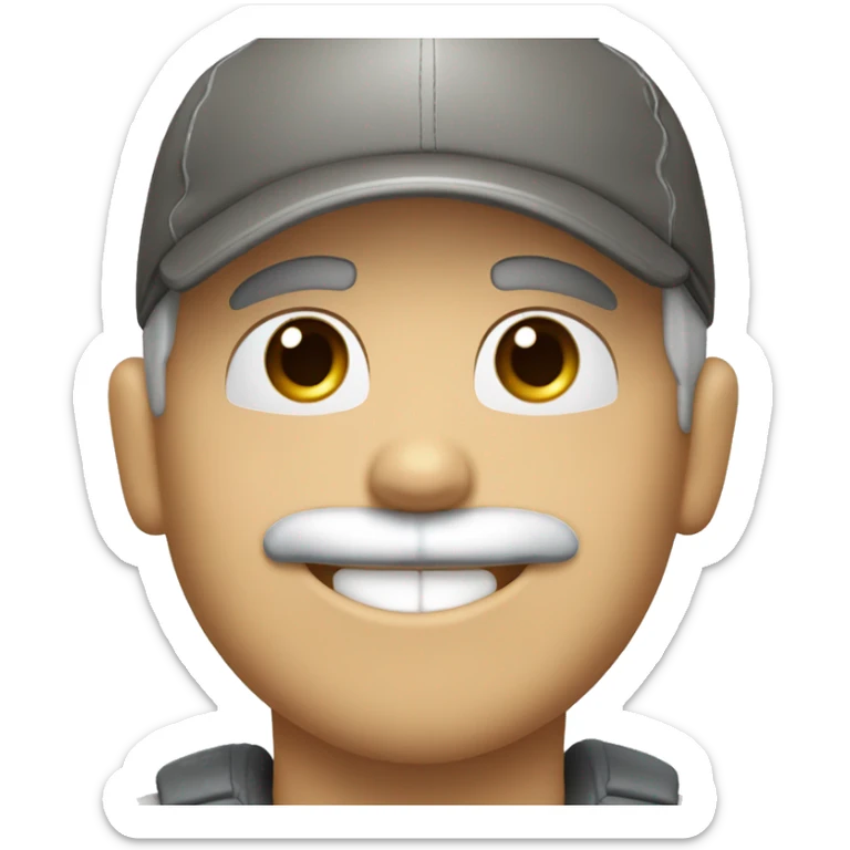 smiling boy in baseball cap with reed dish gray hair and mustache sticker