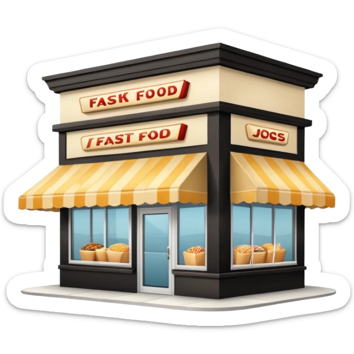 front of fast food building with awning, windows, and a glass door in the center. The building is a creme color with no decorations sticker