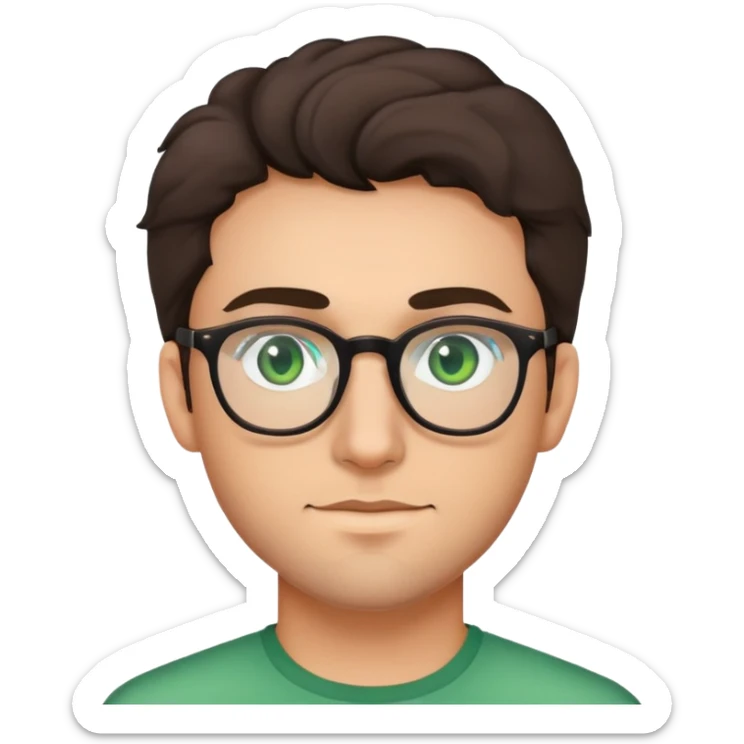 young man with dark slightly curled hair wearing glasses with green eyes and stubble sticker