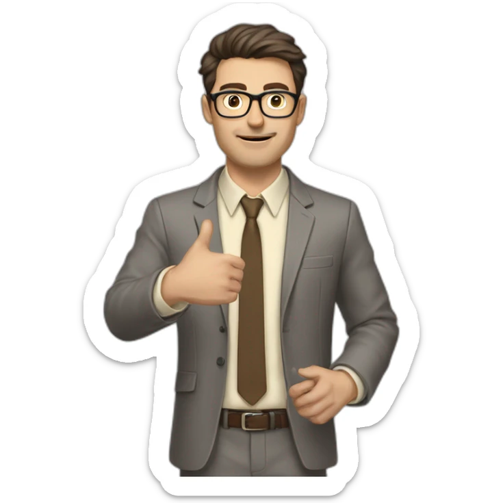 To belt Actively gesturing with hands Pale skinned fit man with dark brown hair in gray jacket, beige office shirt, brown tie, brown pants and vintage glasses. sticker