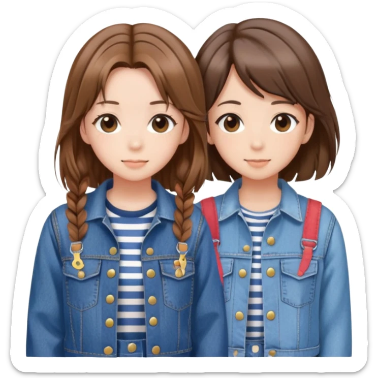 Two anime best friend girls with brown hair, one in striped shirt and denim jacket, one in denim overalls with hair clip sticker