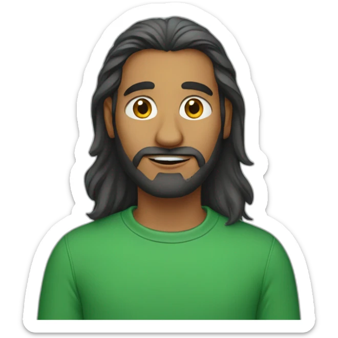 an indian man wearing a green sweatshirt, long hair, no facial hair, waving goodbye, close up sticker