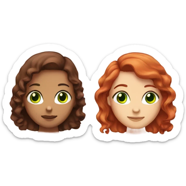 Two girls. right with red straight hair and green eyes. left with dark brown curly hair and brown eyes sticker