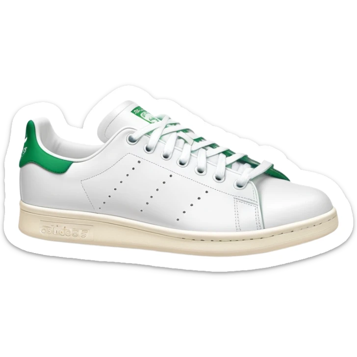A pair of white Adidas Stan Smith sneakers arranged with one shoe behind the other, white leather with green heel tabs, classic design, both shoes visible sticker