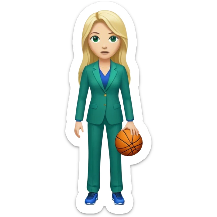 Full Body white female basketball head coach with long blonde hair in a blue and green suit sticker