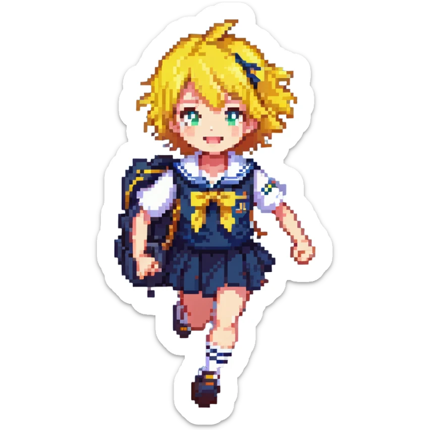 Pixel art anime girl with short bright yellow hair wearing Japanese sailor style school uniform, running energetically with school bag, happy determined expression sticker