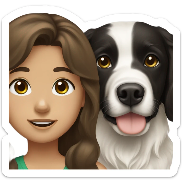 Girl with brown hair and green brown eyes next to a black golden retriever and épagneul breton black and White  sticker