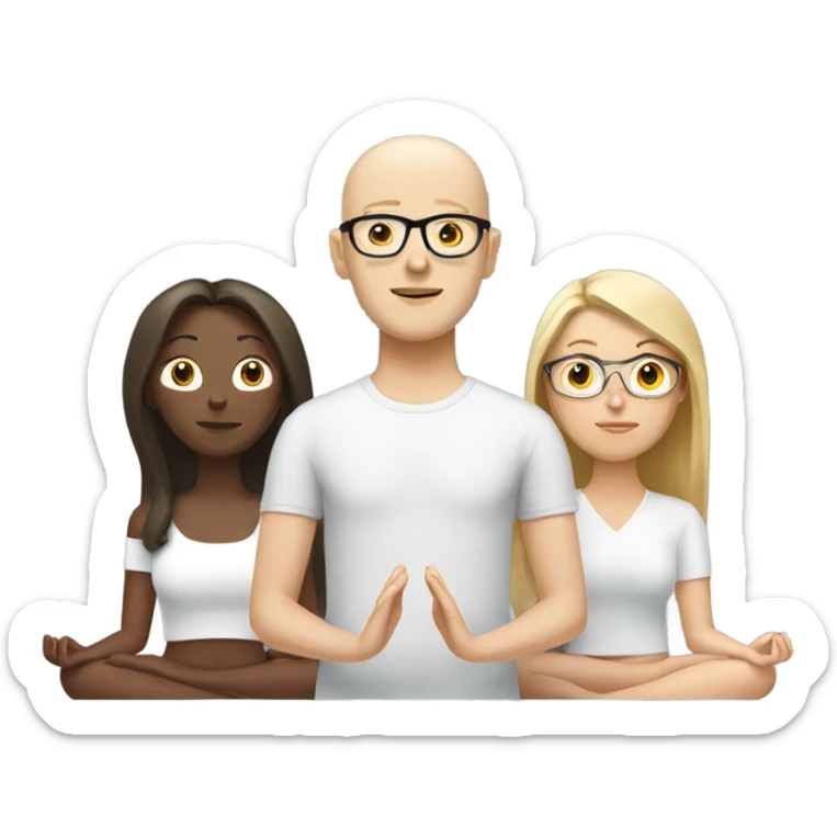A white blonde person, a white brunette person and a brown bald person with glasses meditating with each other  sticker