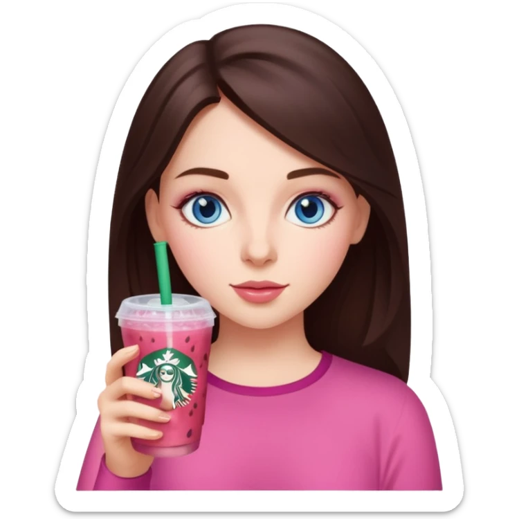 make an emoji of a brunette blue eye girl wearing pink drinking a strawberry acai refresher from starbucks sticker