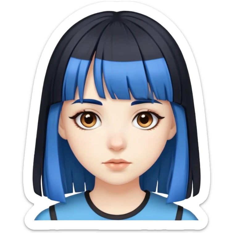 Pale girl with brown eyes, black hair, with two strips of blue hair and bangs sticker