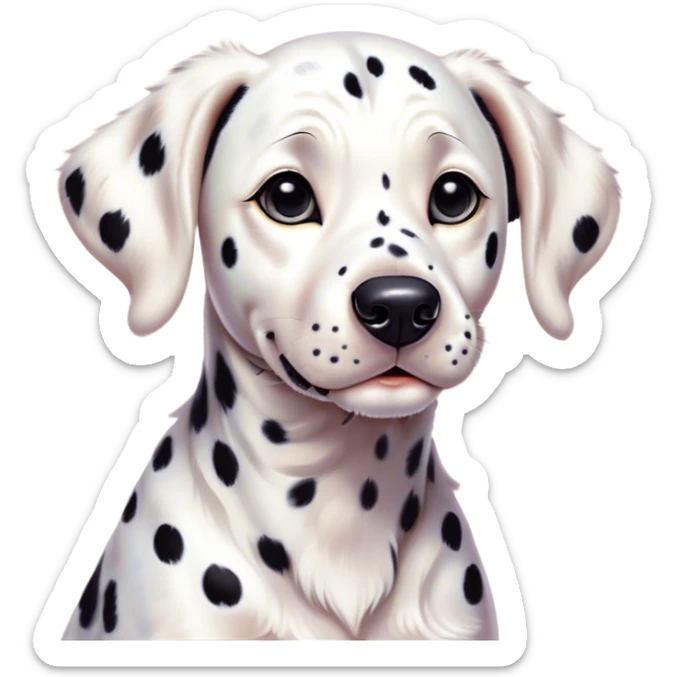 Cinematic Cute Spotted Dalmatian Portrait Emoji, Head tilted playfully and inquisitively, featuring a glossy Fur of predominantly white with dynamic black patches, round, sparkling eyes filled with gentle curiosity, Simplified yet irresistibly adorable features, highly detailed, glowing with a warm, friendly glow, high shine, affectionate and gentle, stylized with a touch of whimsy, bright and endearing, soft glowing outline, capturing the essence of a mischievous yet loving pup, so playful it feels like it could lumber out of the screen and into your arms! sticker
