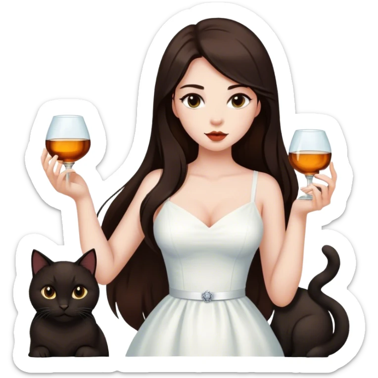 Beautiful woman in 1950’s woman fashion look, white dress, long dark brown hair, whisky with ice, black cat sticker