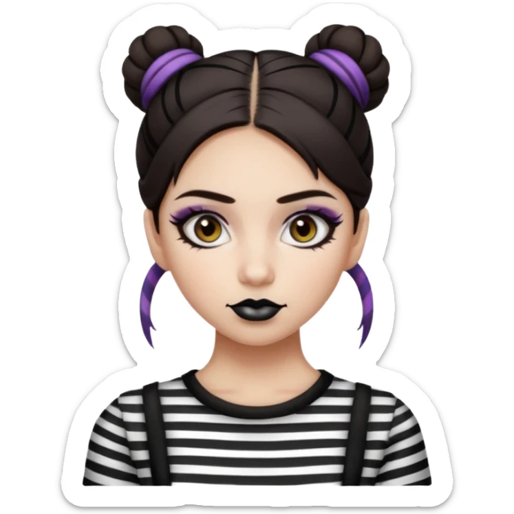 generate a pretty fair bratz girl with dark brown eyes. Dark brown hair straight hair with coloured highlights tied into buns.  eyeliner. black lipstick. Wearing a white and black striped top sticker