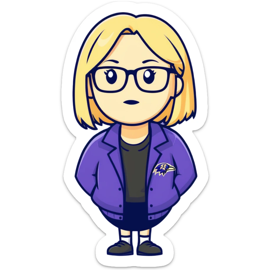 Make a sticker of a 60 year-old tall, blonde woman with glasses that’s rooting for the ravens sticker