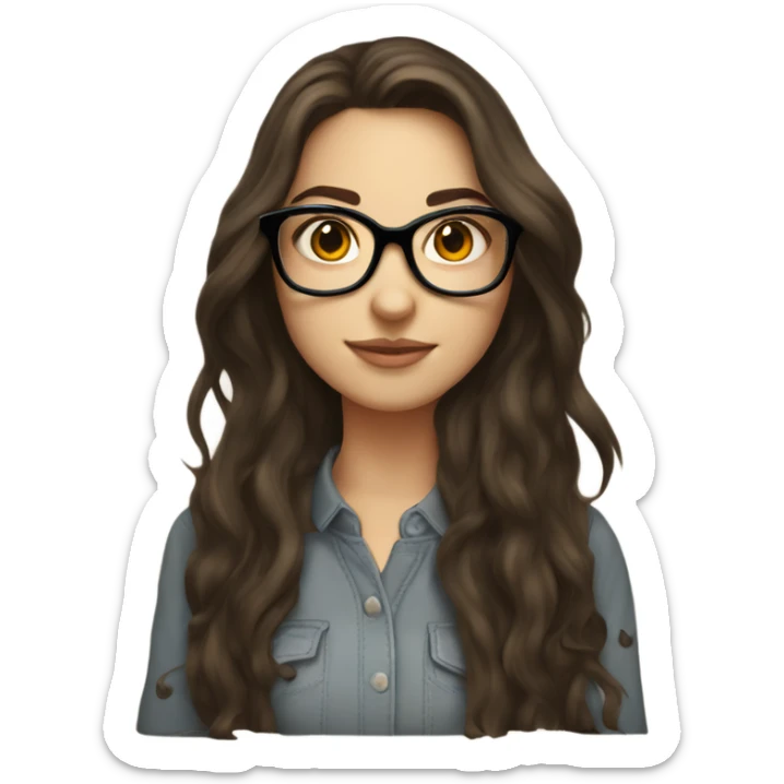 Brunette girl with roundish glasses volume long hair and  sticker