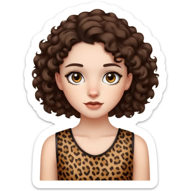 pale girl with dark brown eyes and curly dark brown hair with leopard print sleeveless shirt  sticker
