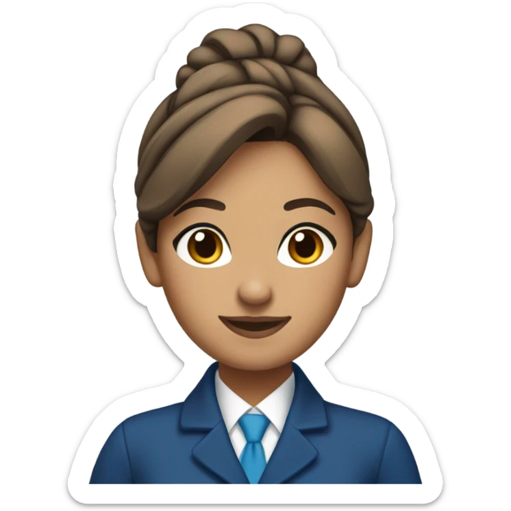 Brown tan skin flight attendant, brown hair in a bun, blue uniform, blue scarf sticker