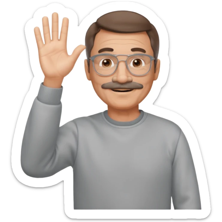 60 yr man partial brown hair parted in center, mustache, light glasses, sweatshirt waving hello sticker