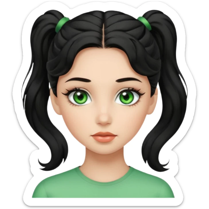 a girl with green eyes, black wavy hair in a ponytail, clean girl makeup sticker