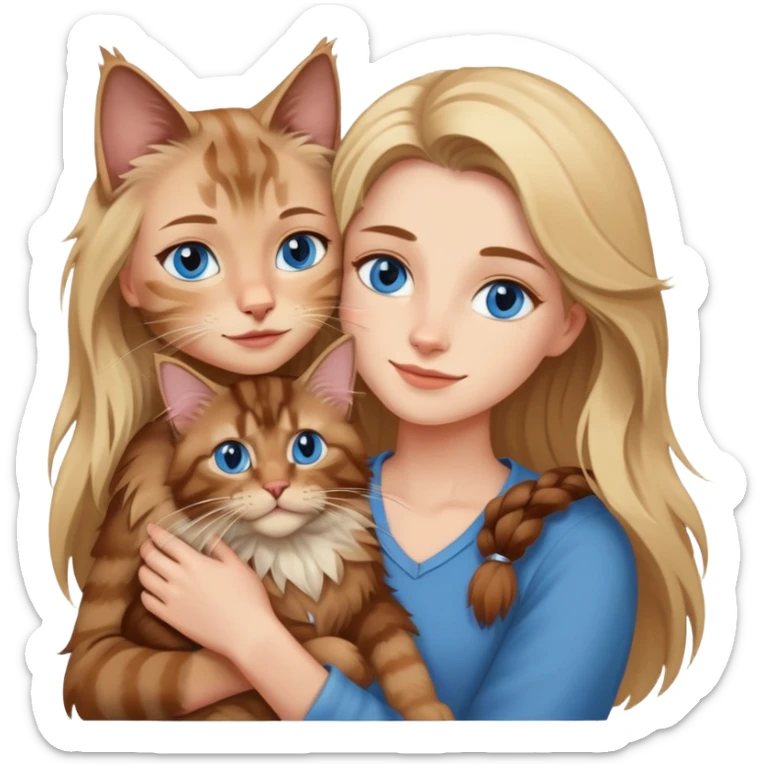 A blonde blue eyed woman holds a brown Maine Coon cat in her arms sticker