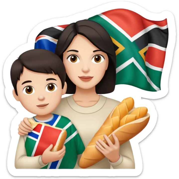 White dark hair Lady with son eating white bread and holding South African flag  sticker