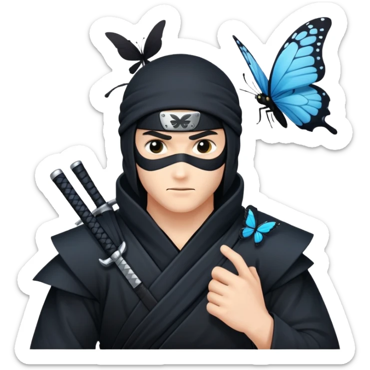Crea una imagen con estos dos emoji 🥷🏻🦋
él ninja de piel blanca con la mariposa posada en el hombro como si estuviera volando. sticker