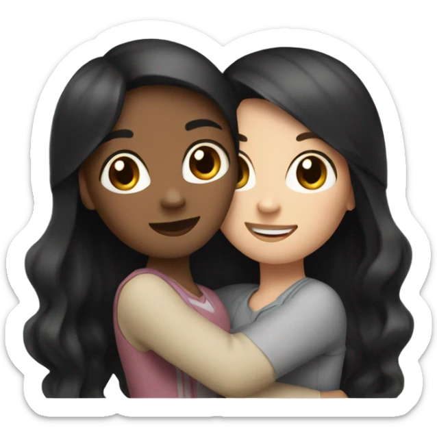 2 girls hugging each other one who is white with black straight hair and one who is white with brown wavy hair sticker